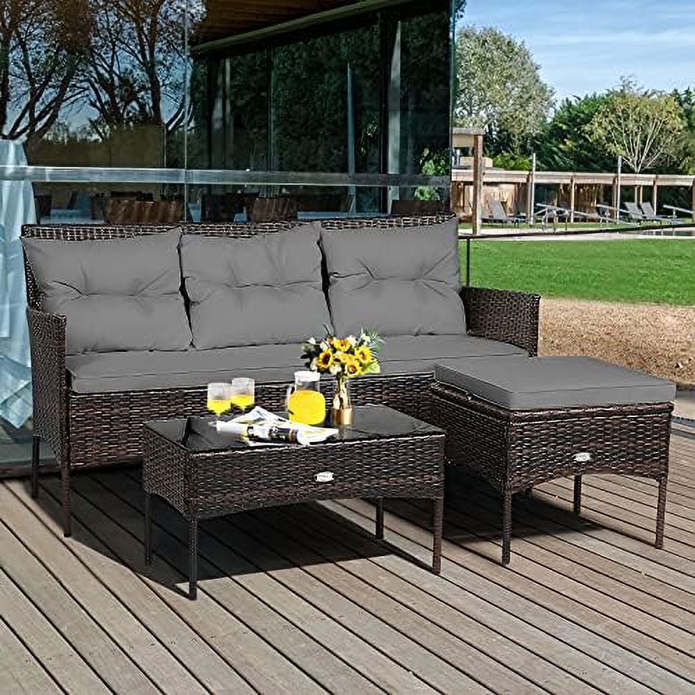3 Pieces Outdoor Rattan Conversation Set with Tempered Glass Coffee Table, Sectional Sofa Set C73025