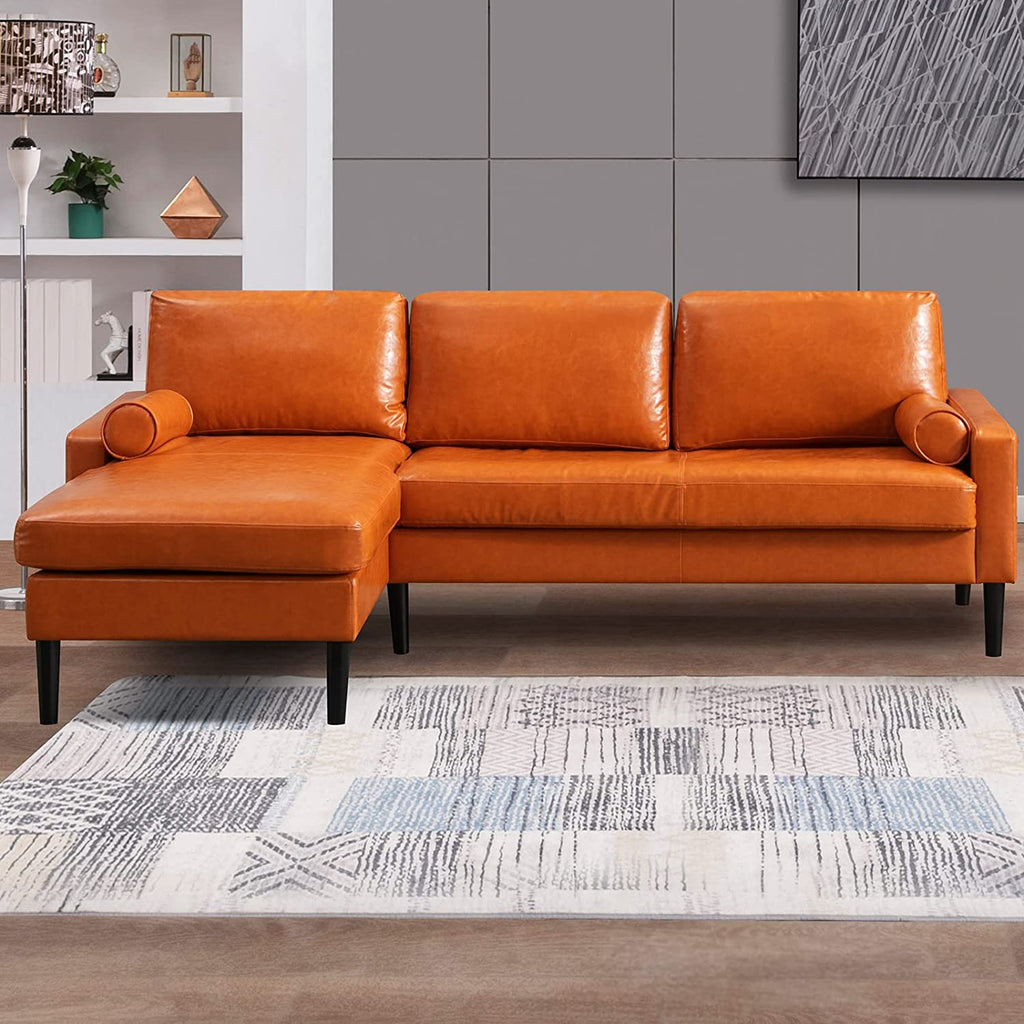 Convertible Sectional Sofa with Reversible Chaise, 3 Seat Faux Leather L-Shape Sofa with 2 Cylindrical Pillows D9111