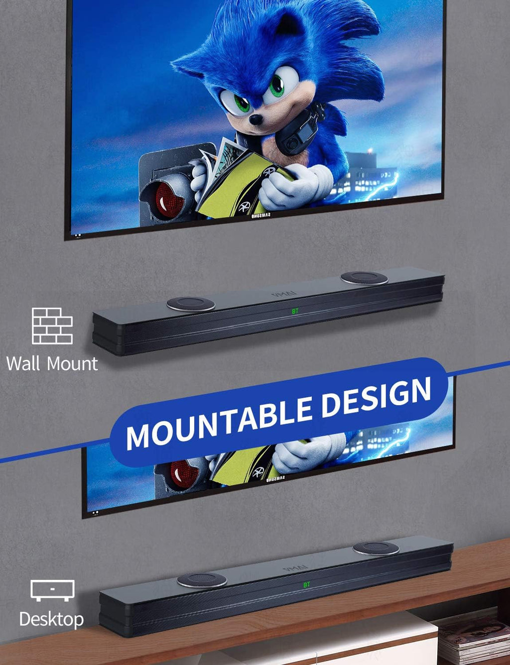 2.1 Sound Bar with Dual Built-in Subwoofer, 90W, Bluetooth 5.0, Wall Mountable V952826