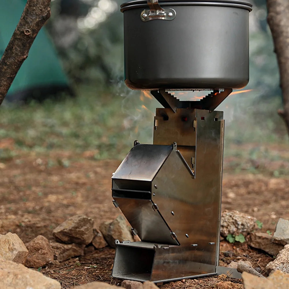 Outdoor Collapsible Wood Burning Detachable Portable Stainless Steel Rocket Camp Tent Q44396