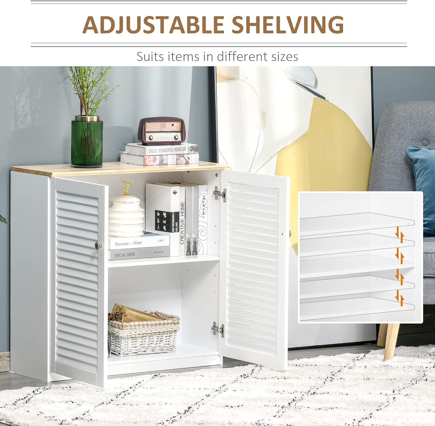 White Freestanding Storage Cabinet with Louvered Doors H153207