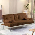 Brown Leather Futon Sofa Bed with Cup Holders and Removable Armrest A452
