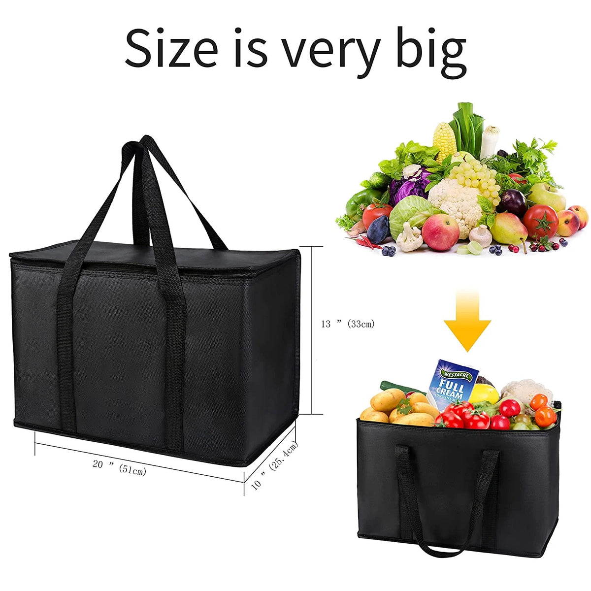 Black Insulated Grocery Tote Bag with Thermal Zipper S398