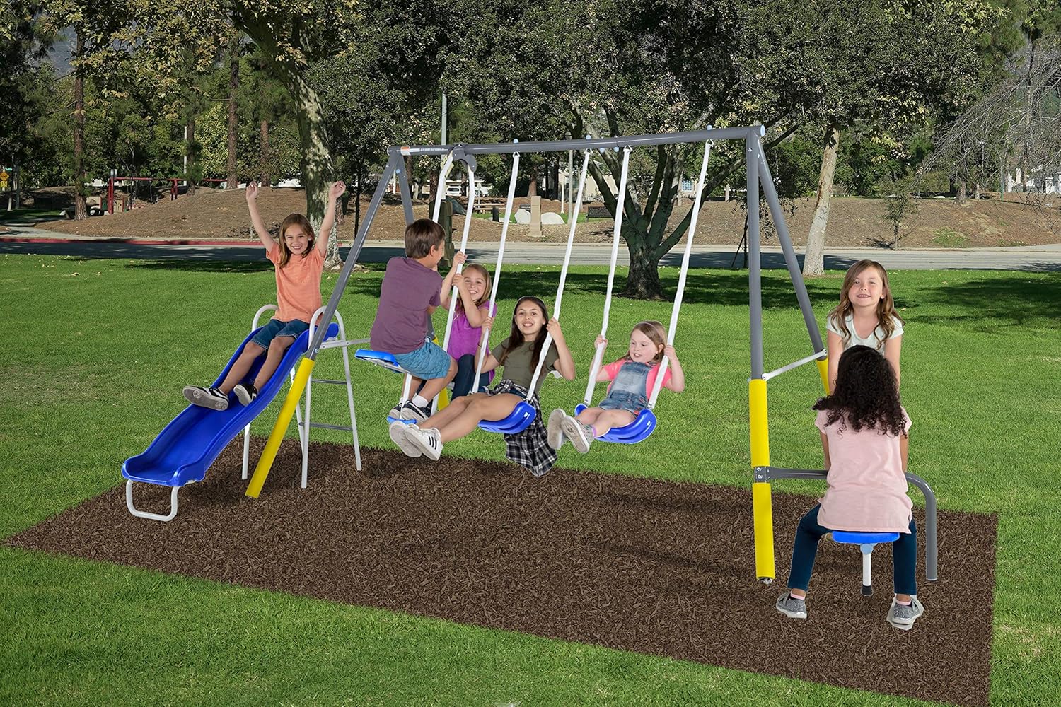 Outdoor Kids Swing Set with Slide, Blue/Yellow U6527