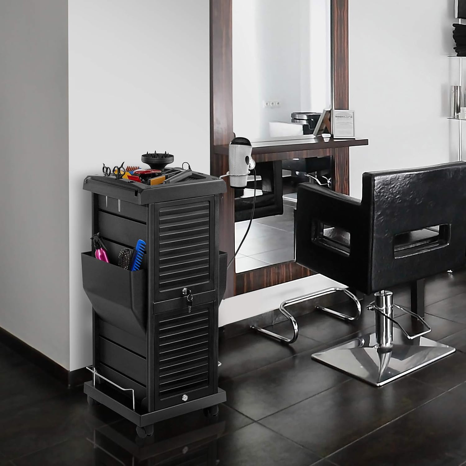 Black Locking Rolling Trolley Cart with Pockets C8498