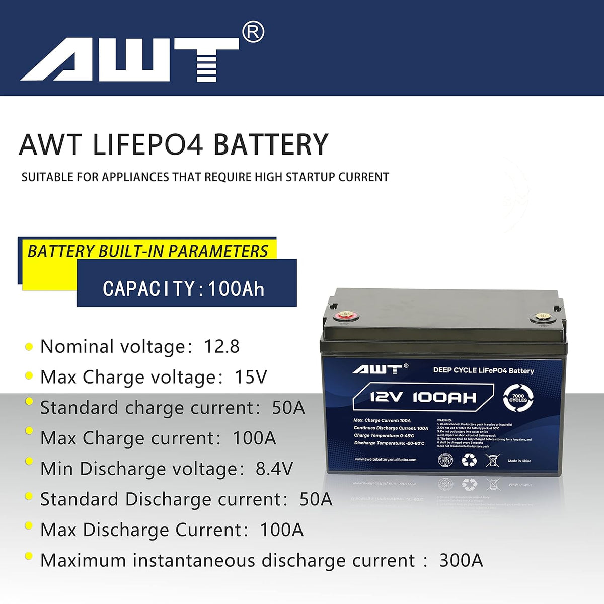 12V 100Ah Deep Cycle Lithium Battery with 100A BMS W7849