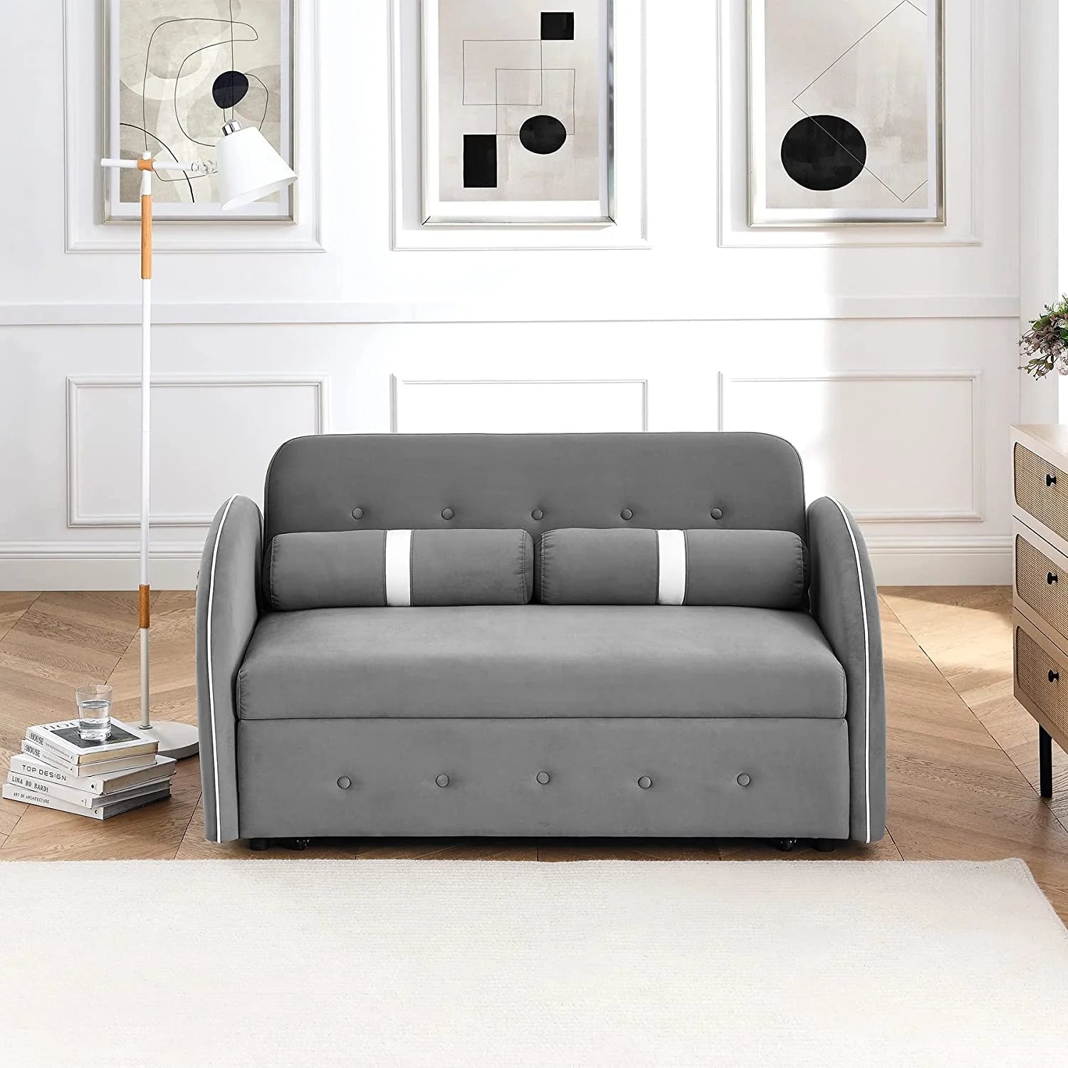 Grey Velvet Convertible Sleeper Sofa Bed with Lumbar Pillows O16245
