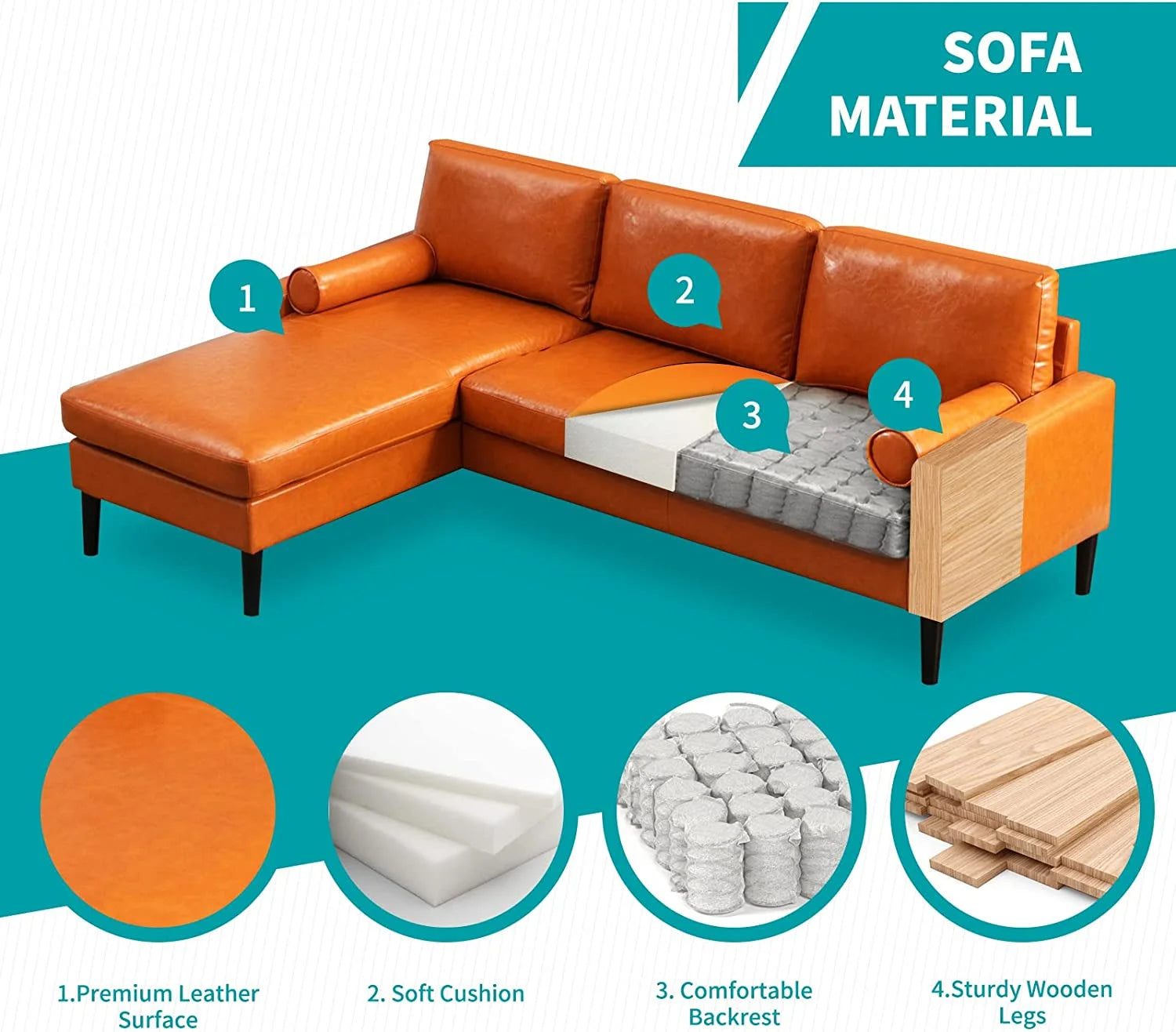 Convertible Sectional Sofa with Reversible Chaise, 3 Seat Faux Leather L-Shape Sofa with 2 Cylindrical Pillows D9111