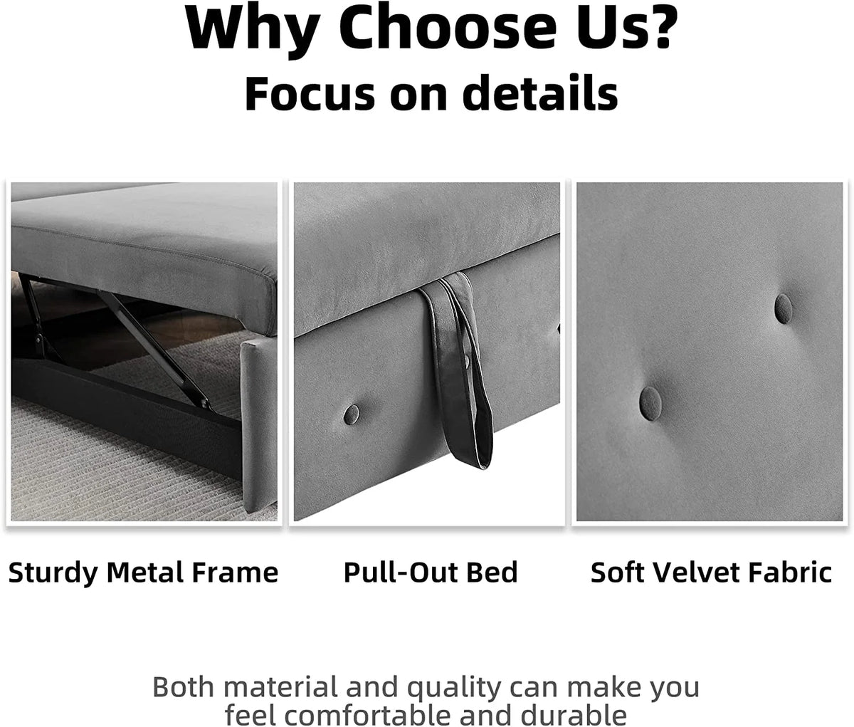 Grey Velvet Convertible Sleeper Sofa Bed with Lumbar Pillows O16245