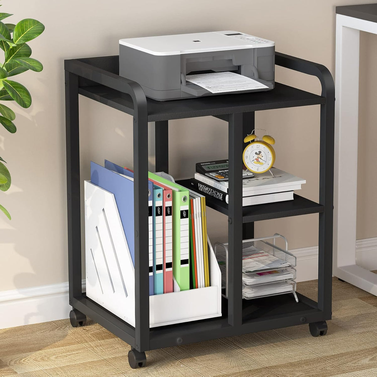3-Tier Wood Rolling Printer Cart with Storage Shelves I6976