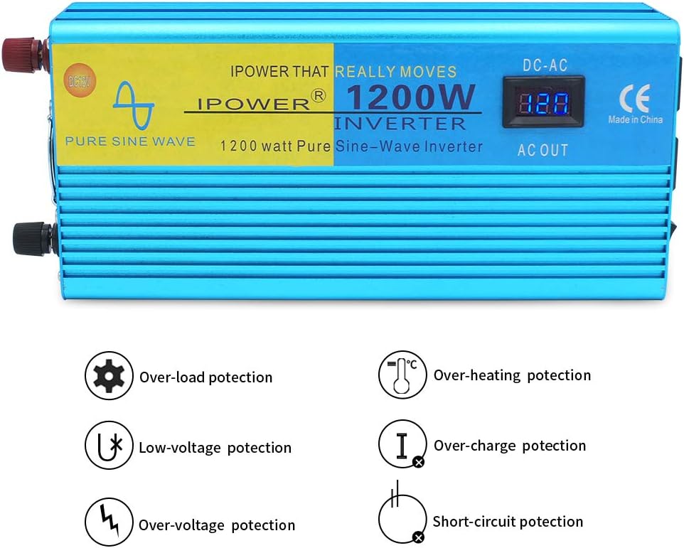 1200W Pure Sine Wave Power Inverter with 2 AC Outlets and LCD Display G8666