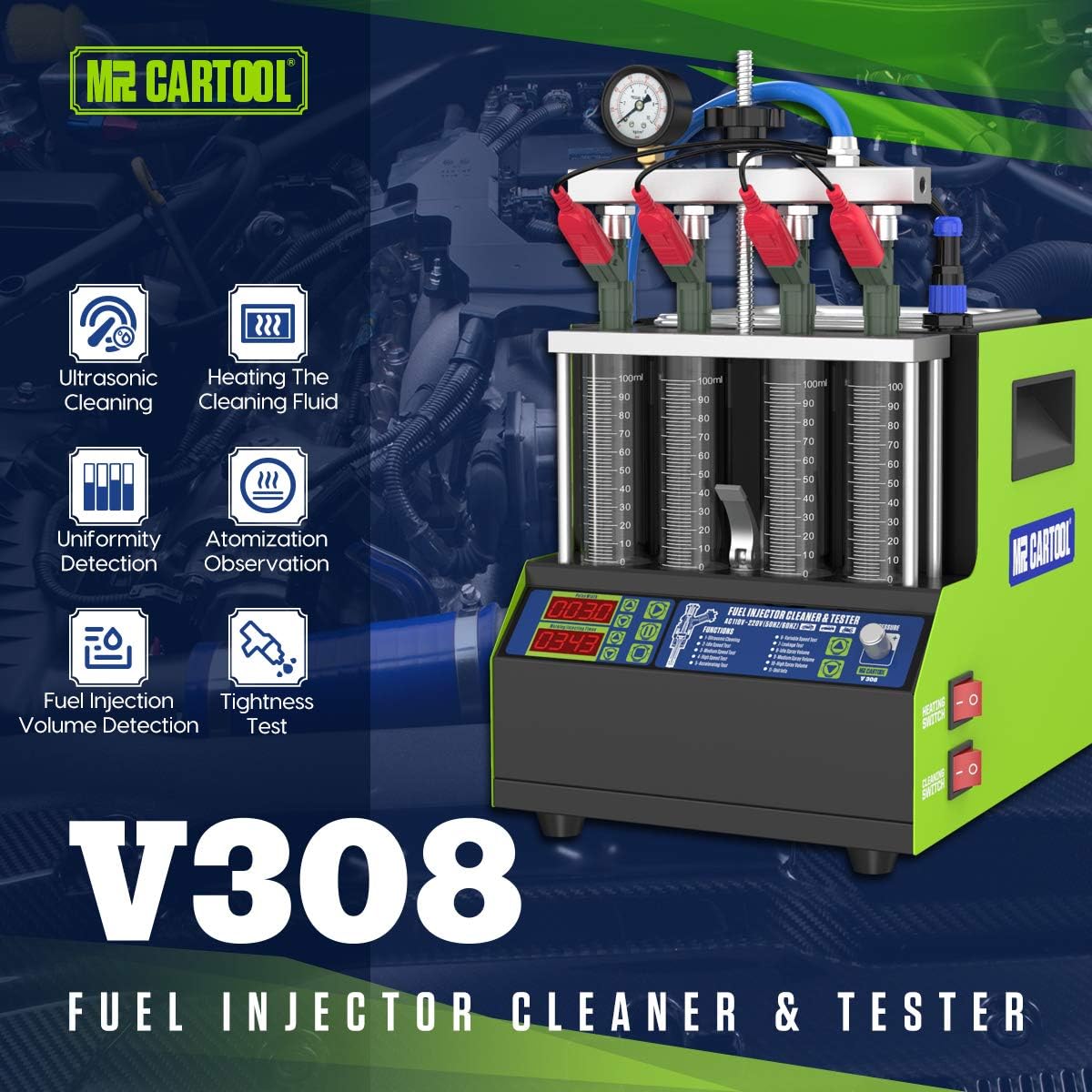 Ultrasonic Fuel Injector Tester Cleaner Machine Kit with 4 Cylinders, 110V P904