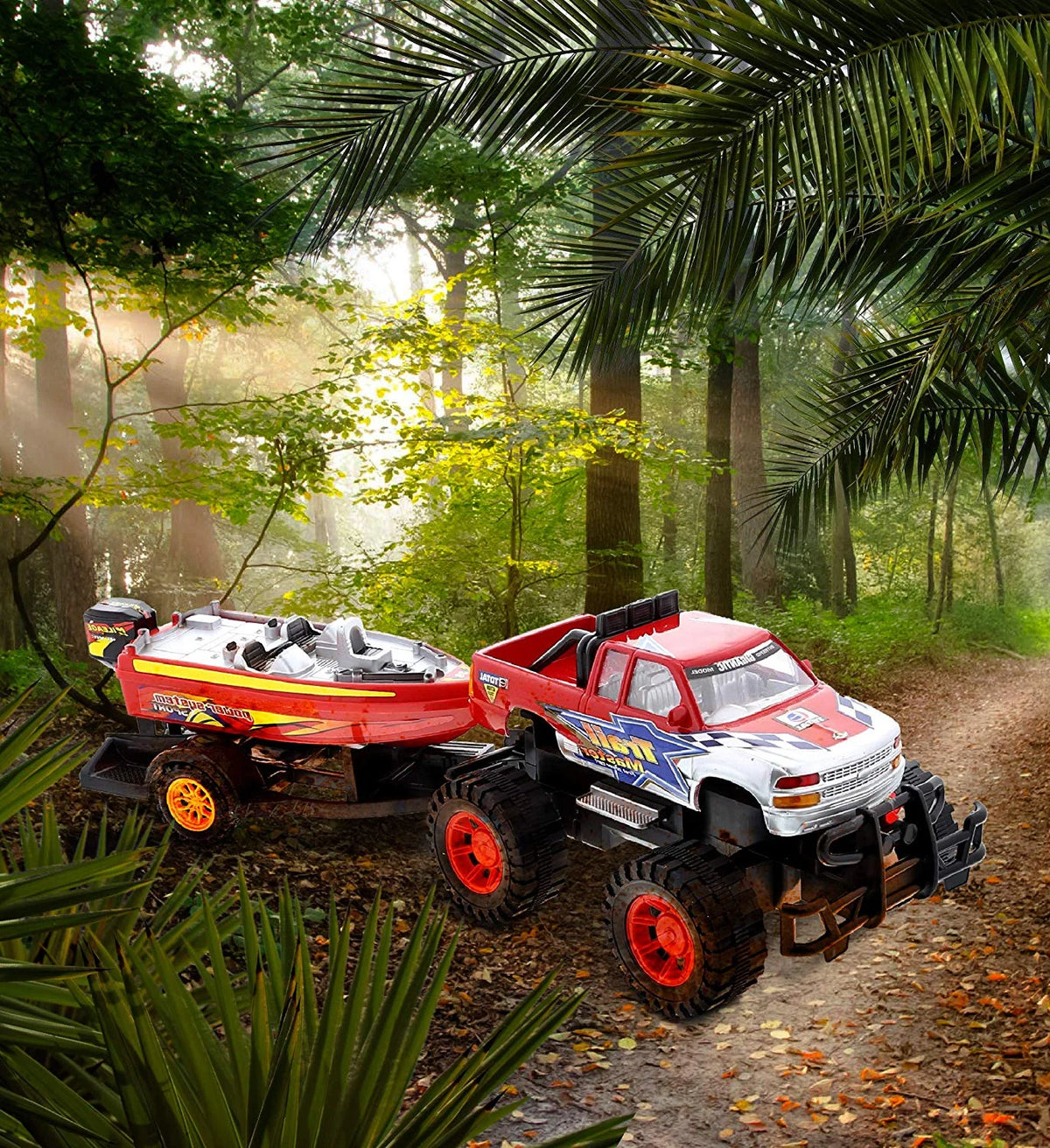 Red Black 9 Inch Truck with Detachable Trailer and 10 Inch Boat Friction Push Powered Playset L988625