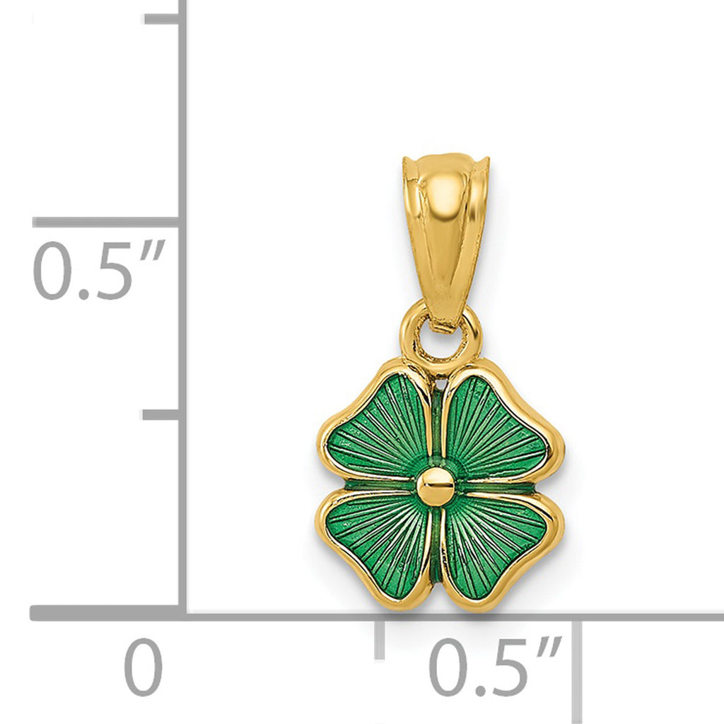 14K Yellow Gold Green Enameled Four Leaf Clover Pendant Charm with Rope Chain Necklace 16'' H5367