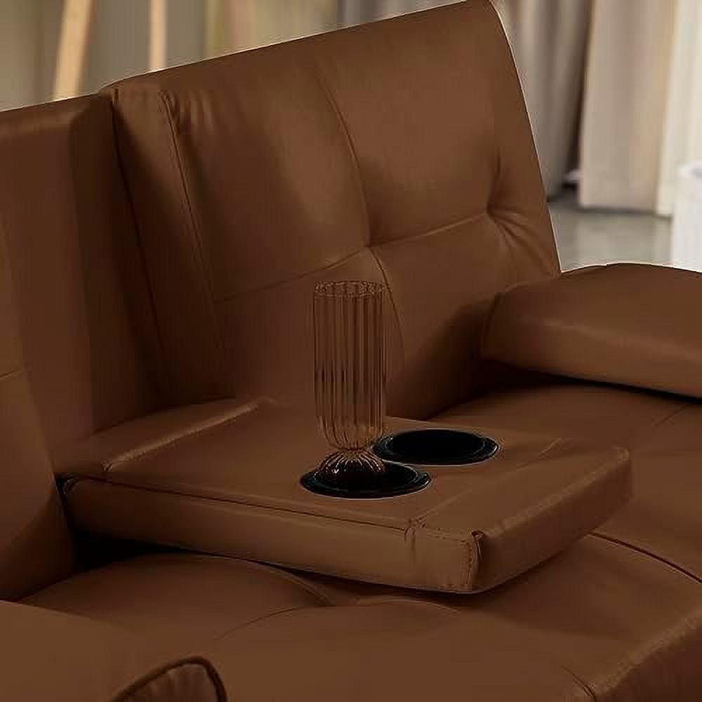 Brown Leather Futon Sofa Bed with Cup Holders and Removable Armrest A452