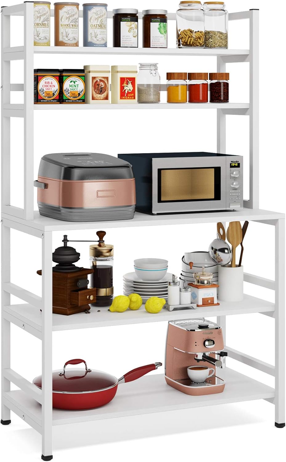 5-Tier Kitchen Bakers Rack with Hutch, Industrial Microwave Oven Stand, Free Standing Kitchen Utility Cart Storage Shelf Organizer (Rustic Brown) H512589