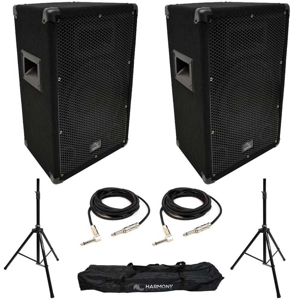 15" Pro DJ Passive PA Speaker Pair with Tripod Stands & Audio Cables U4170