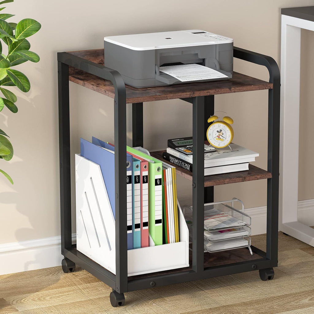 3-Tier Wood Rolling Printer Cart with Storage Shelves I6976