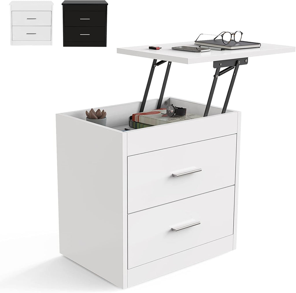 Black Lifting Top Nightstand with 2 Drawer Storage Cabinet W9980
