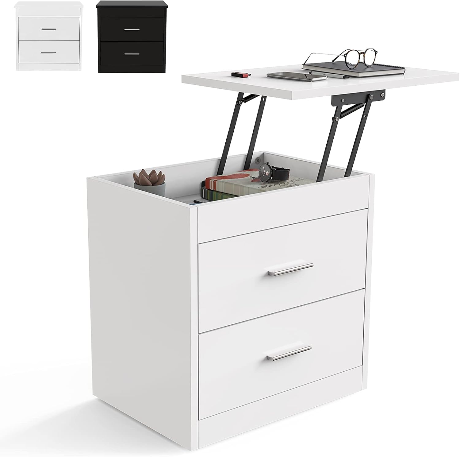 Black Lifting Top Nightstand with 2 Drawer Storage Cabinet W9980