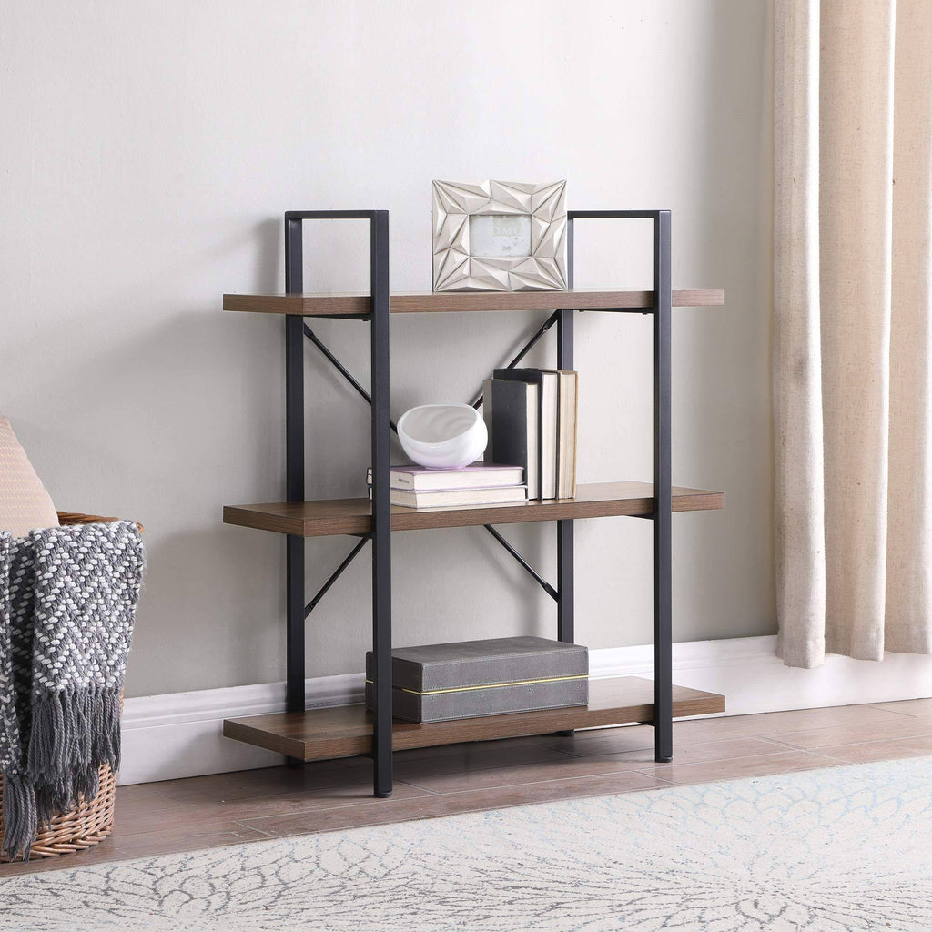 Dark Walnut 3 Shelves Wood & Metal Bookshelf B842
