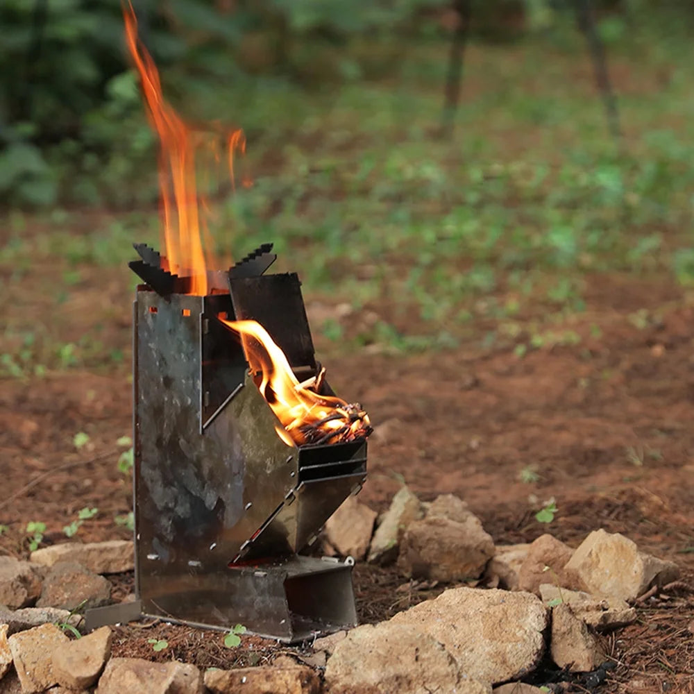 Outdoor Collapsible Wood Burning Detachable Portable Stainless Steel Rocket Camp Tent Q44396