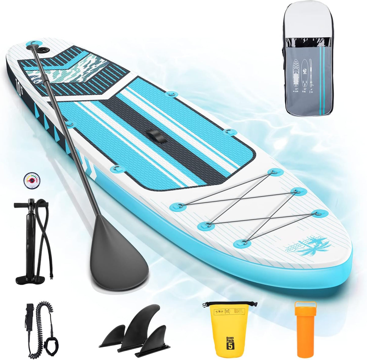 Inflatable 10’6” Stand Up Paddle Board with 3 Detachable Fins, Ultra-Light 16lbs SUP with Floatable Paddle, 350LBS Capacity Paddleboard Q8005