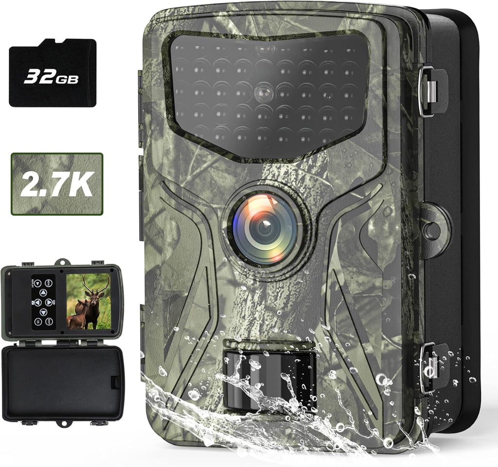 2.7K 24MP Trail Camera 0.2S Trigger 65ft Range No Glow Night Vision IP66 Waterproof 32GB Card Pack of 2 O8259