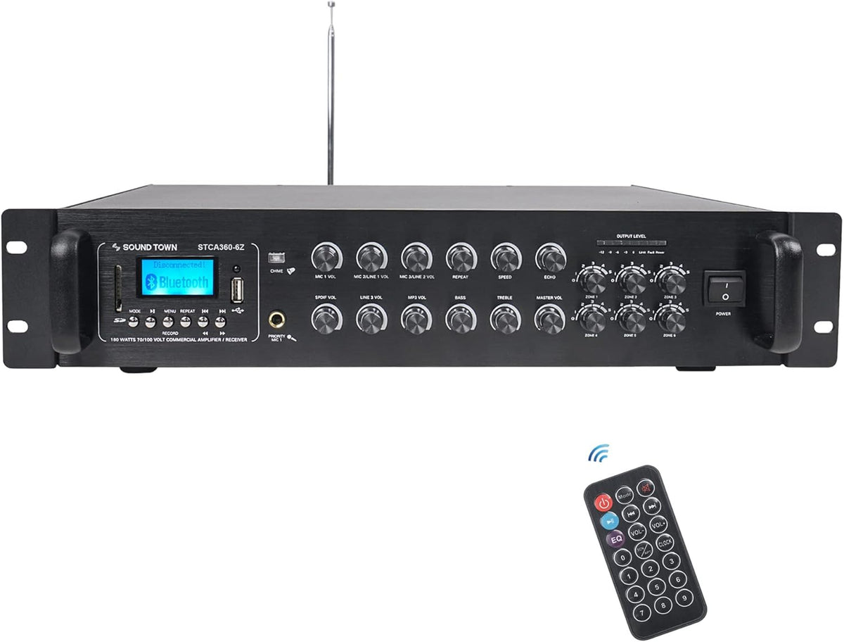 360W 6-Zone 70V/100V Commercial Power Amplifier with Bluetooth, Optical, Phantom Power X72652