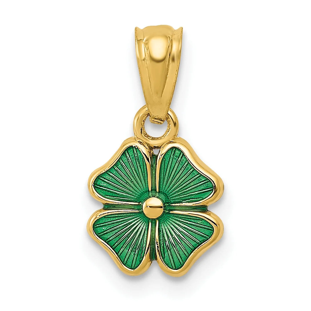 14K Yellow Gold Green Enameled Four Leaf Clover Pendant Charm with Rope Chain Necklace 16'' H5367