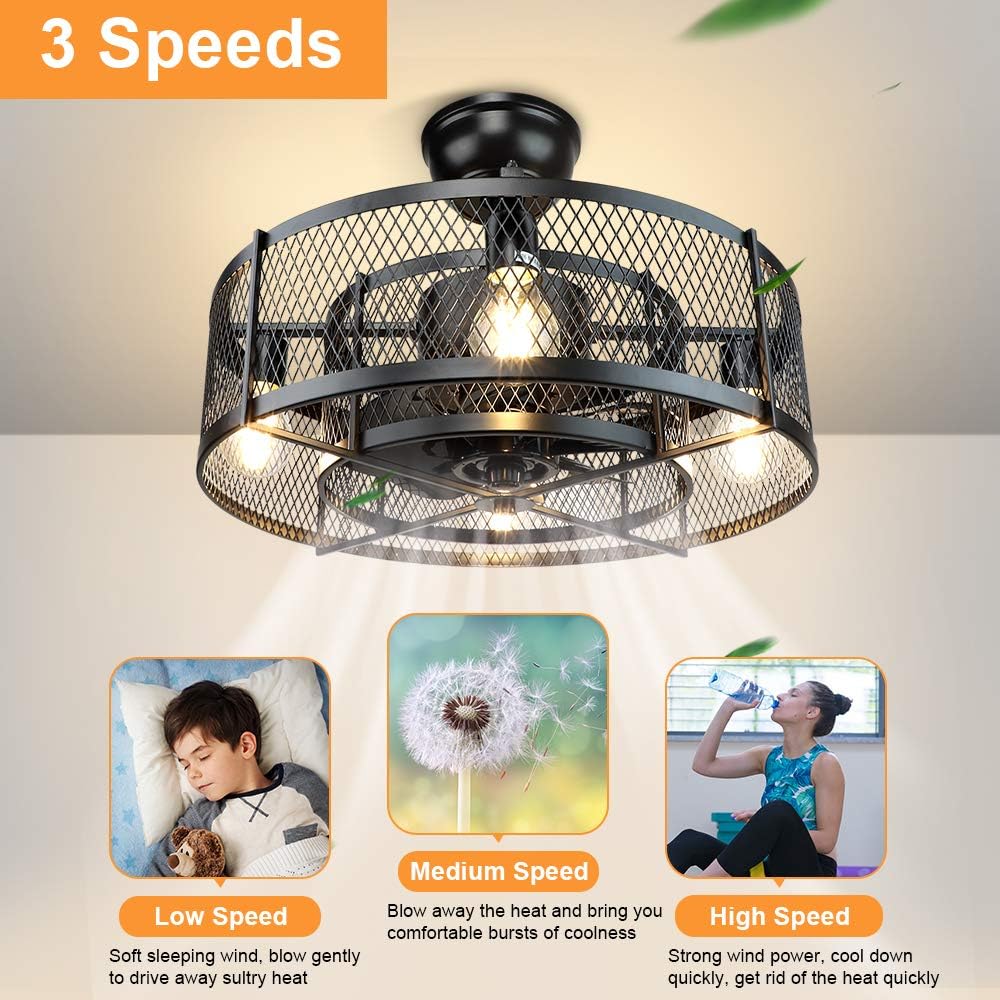 20In Caged Ceiling Fan with Light, 3 Speeds Adjustable, Remote, Black C13034
