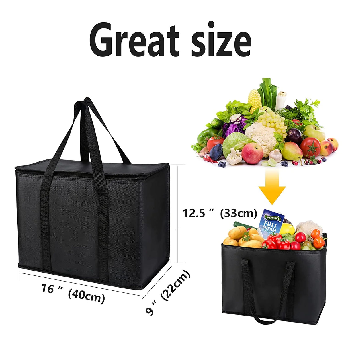 Black Insulated Grocery Tote Bag with Thermal Zipper S398