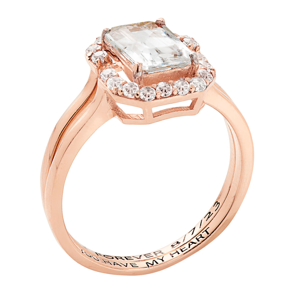14K Rose Gold over Sterling Silver Emerald Cut White Topaz 2 Piece Wedding Set U1974