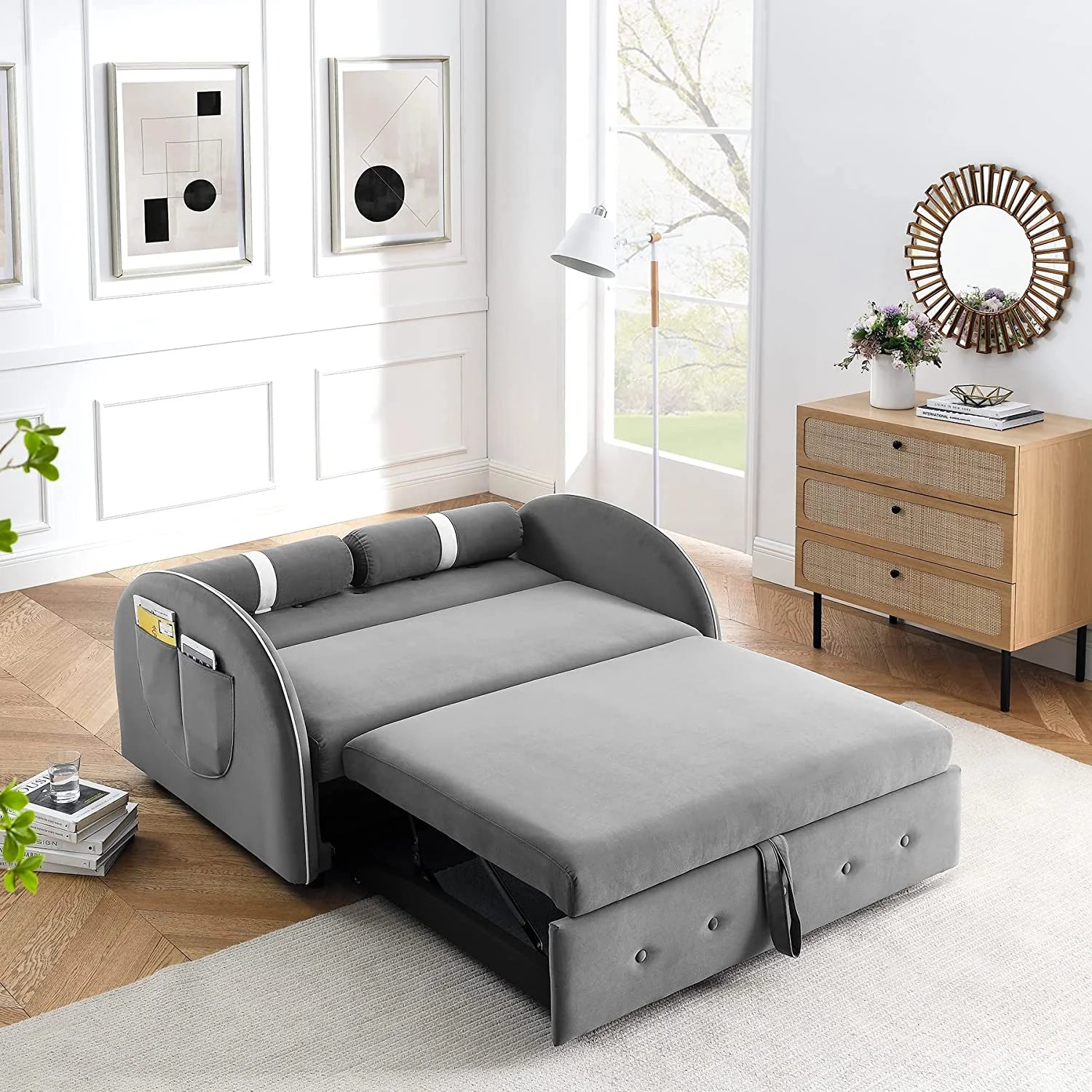 Grey Velvet Convertible Sleeper Sofa Bed with Lumbar Pillows O16245