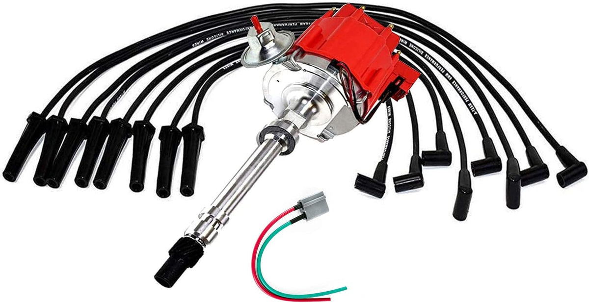 HEI Distributor Black Cap with Spark Plug Wires Set Pigtail Harness Complete Kit T3349