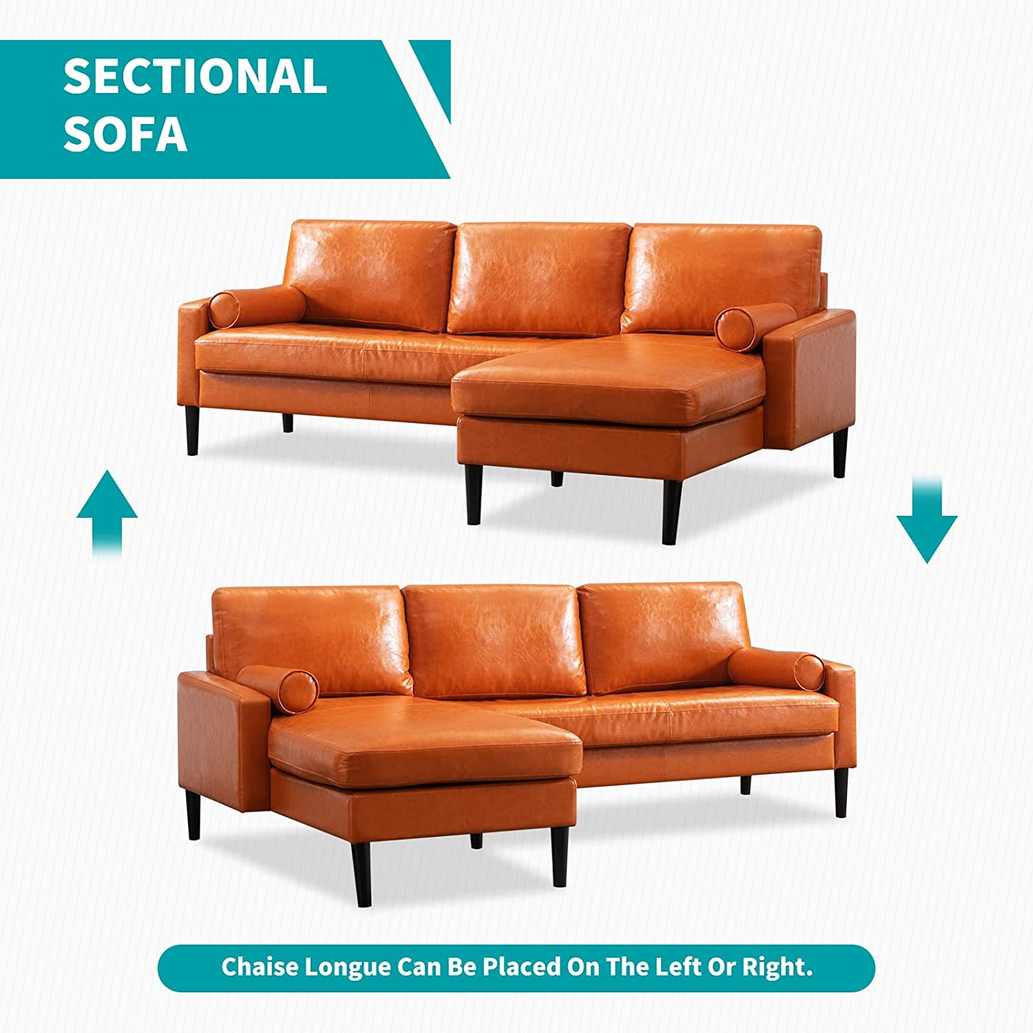 Convertible Sectional Sofa with Reversible Chaise, 3 Seat Faux Leather L-Shape Sofa with 2 Cylindrical Pillows D9111