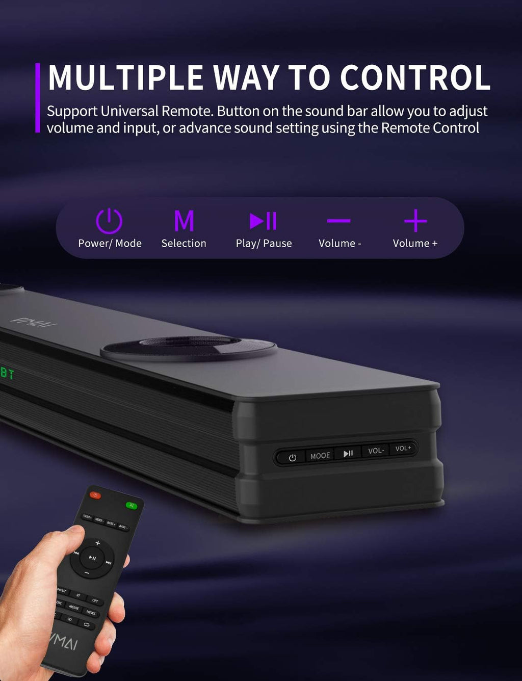 2.1 Sound Bar with Dual Built-in Subwoofer, 90W, Bluetooth 5.0, Wall Mountable V952826