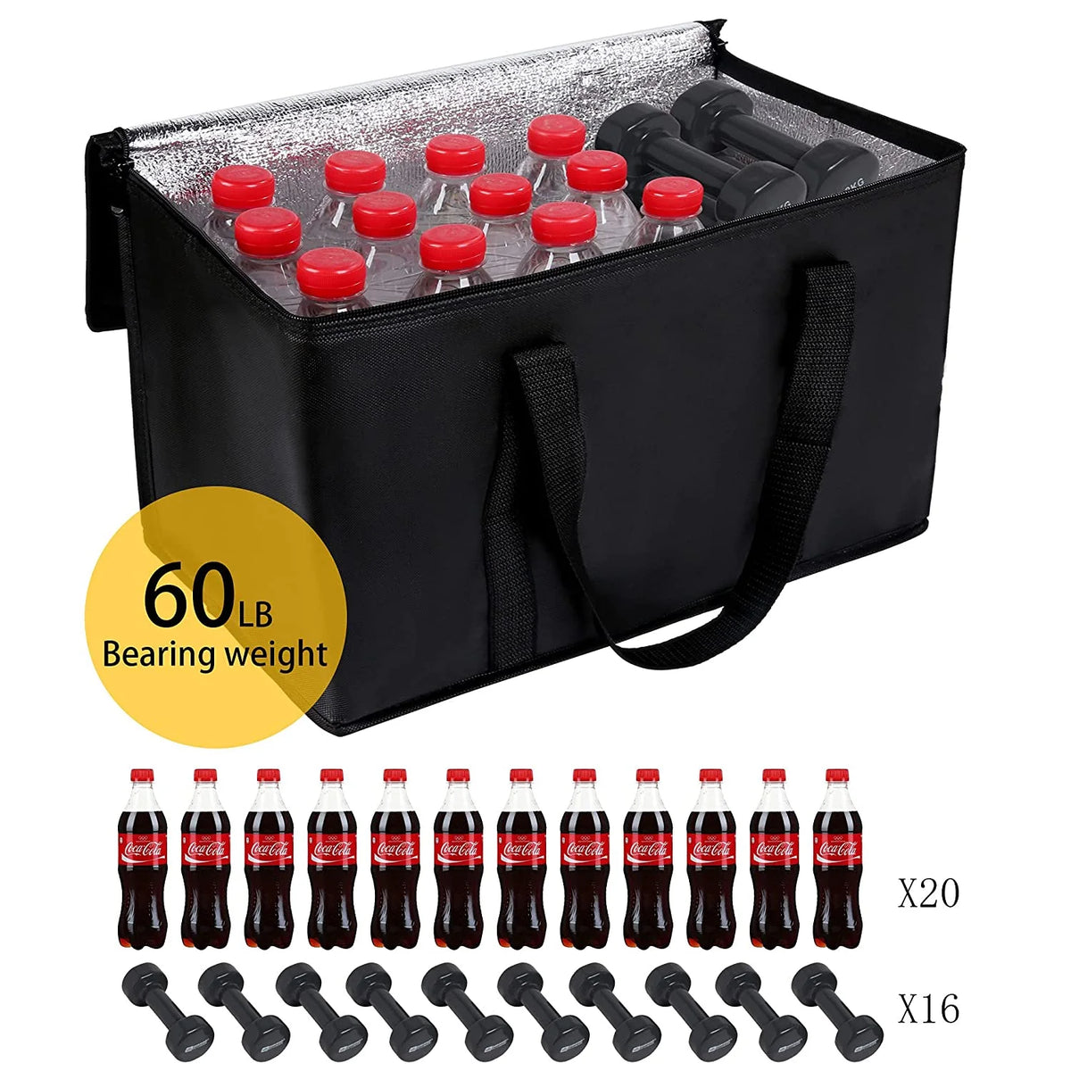 Black Insulated Grocery Tote Bag with Thermal Zipper S398
