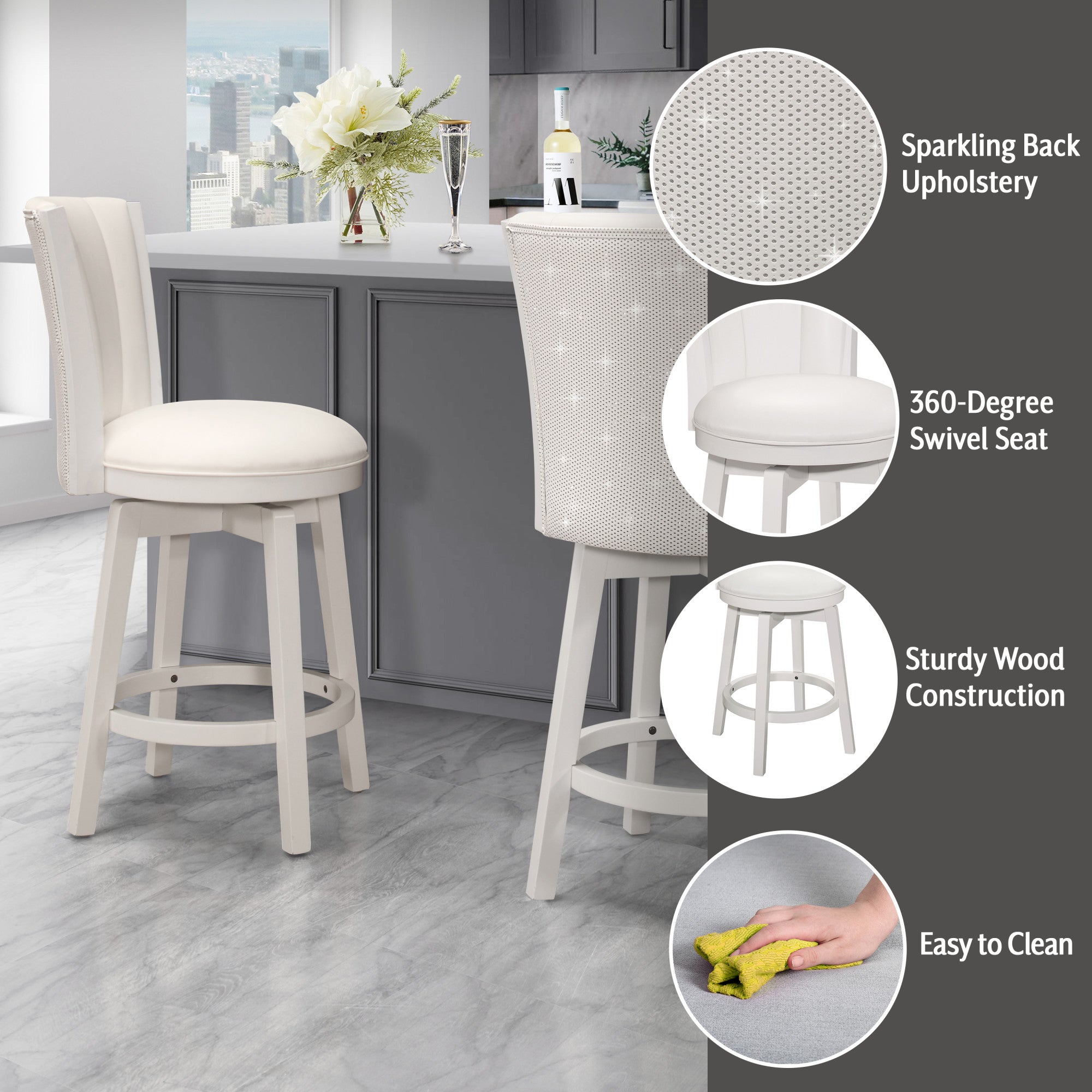 White Wood Counter Height Swivel Stool with Upholstered Back W687