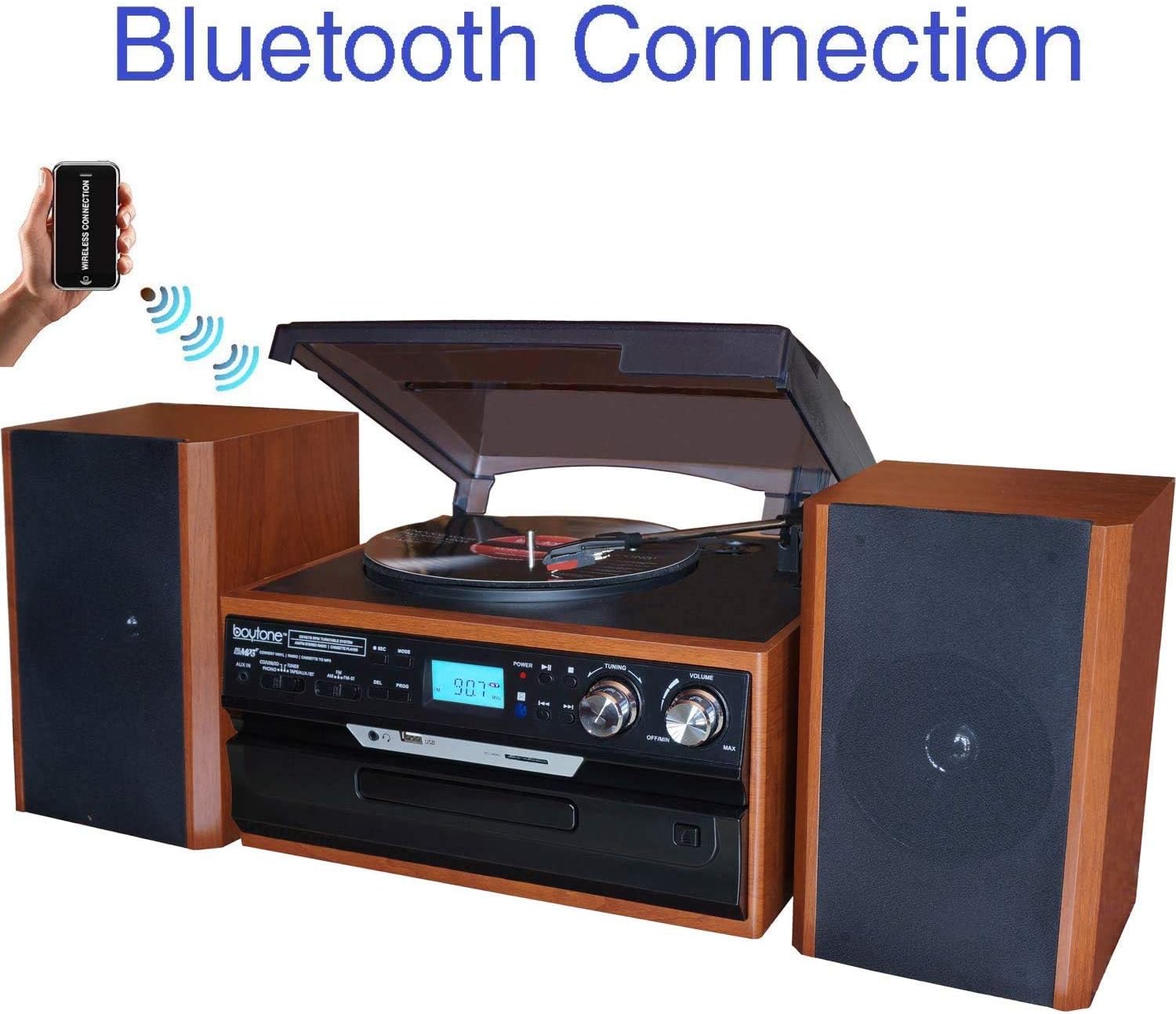 Bluetooth Record Player Turntable with AM/FM Radio, CD/Cassette Player, 2 Stereo Speakers F407174